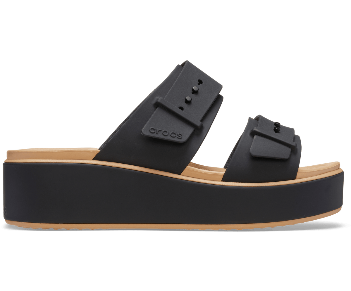 Brooklyn Buckle Low Wedge Matte Wrap Sandal - Black/Cashew